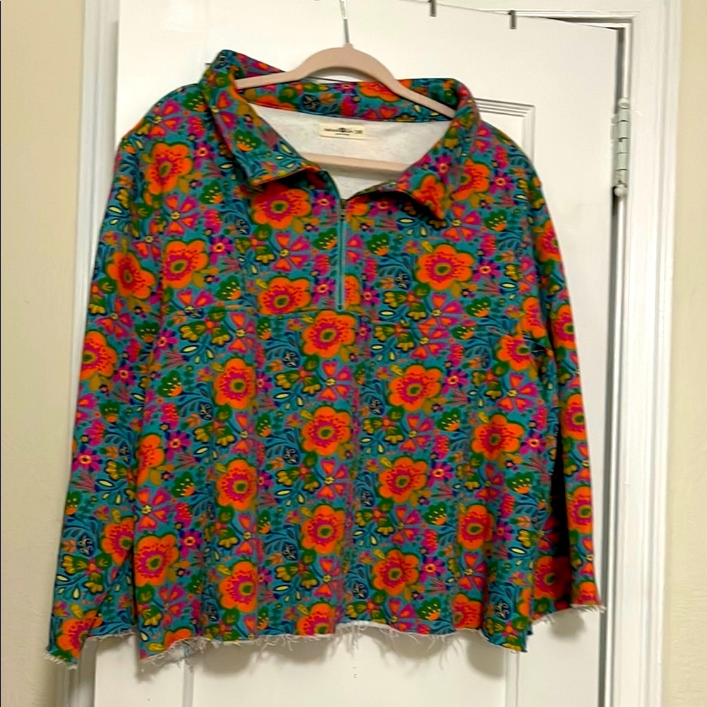 Natural Life Floral Sweatshirt Quarter-Zip Pullover Small Oversized